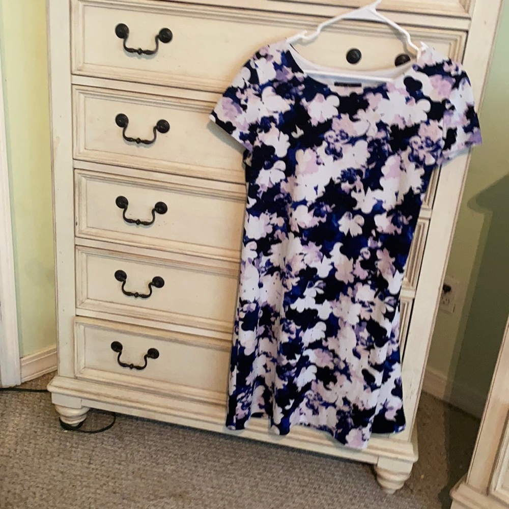 Blue white and pink flowered slip on dress with cap Sleeves